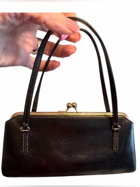 Banana Republic Black Leather Kisslock Frame Bag Y2K Vintage Baguette